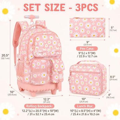WZLVO 3PCS Rolling Backpack for Girls, Water Resistance Roller Bookbag, Women Aesthetic Wheeled School Bag Set with Lunch Bag & Pencil Bag for Teens & Kids - Pink Chrysanthemum - color: 3pcs Girls Rolling Backpack - Pink Chrysanthemum