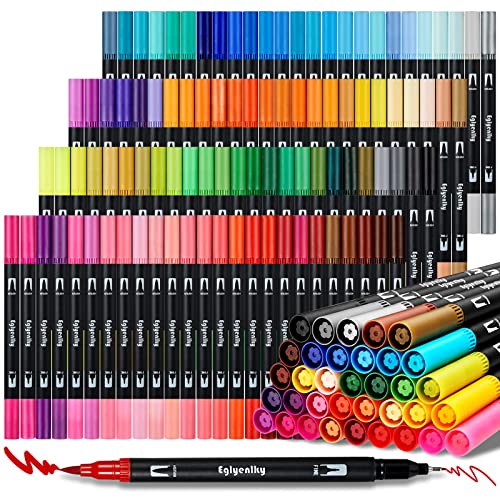 Eglyenlky Colored Markers for Adult Coloring Books, Dual Tip Brush Pens with 100 Watercolor Fine Tip Markers and Brush pens for Kids Drawing Calligraphy - color: 100 Colors-Black