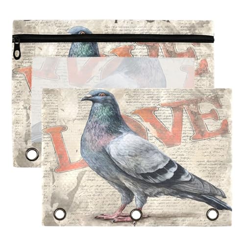 2 Pack Vintage Newspaper Pigeon 3 Ring Binder Pencil Pouches Bags,Clear Window Storage Case with Zipper for Boys Girls School Office Supplies Cosmetics Organizers - color: Multi-pigeon