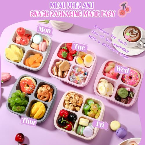Honeydak 5 Pack Snack Containers 4 Compartment Bento Snack Boxes Reusable Lunchable Containers with Lids Divided Meal Prep Lunch Food Storage Box for School Work Travel(Gray and Pink Ombre,Equal) - color: Gray and Pink Ombre, style: Equal