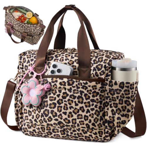LOVEVOOK Insulated Lunch Bag Women, Adult Lunch Box for Women Work, Large Leakproof Cooler lunch Bags for Picnic Beach Family College, Lunch Teacher Tote Bag with Adjustable Shoulder Strap Cup Holder - color: Leopard Print, size: Large —14L