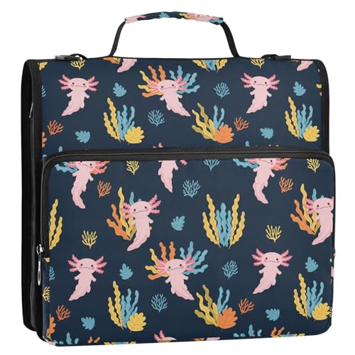 Zipper Binder Bag 3 Ring File Folder Portfolio Organizer Zippered Binder Bags with Strap Fits Laptop Women Men - color: Multi-cartoon Salamander