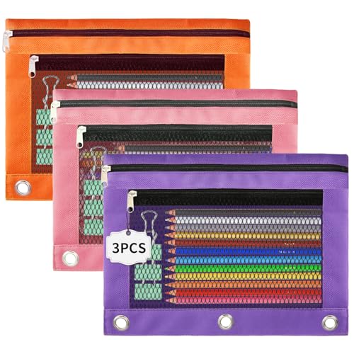 Pencil Pouch for 3 Ring Binder - 3 Pack Zippered Pencil Pouches with Transparent Mesh Window| Binder Pouch with Smooth Zippers| Zippered Pencil Bag for School Office Students, Pink+Orange+Purple - color: Pink & Orange & Purple