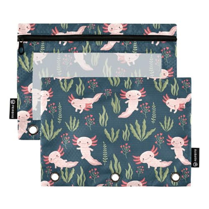 Emelivor Cute Salamander Pencil Pouch for 3 Ring Binder 2 Pack Binder Pencil Case with Clear Window Pencils Bags with Zipper for Office Daily College Home Supplies - color: 19-Cute Salamander
