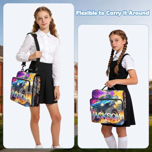 Custom Binder Bag Personalized Monster Truck 3 Ring Zipper Binder Bag with Laptop Pockets and Shoulder Strap Tote Binders Organizer Case for School Office - color: Custom Monster Truck