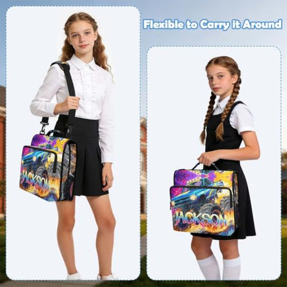 Custom Binder Bag Personalized Monster Truck 3 Ring Zipper Binder Bag with Laptop Pockets and Shoulder Strap Tote Binders Organizer Case for School Office - color: Custom Monster Truck