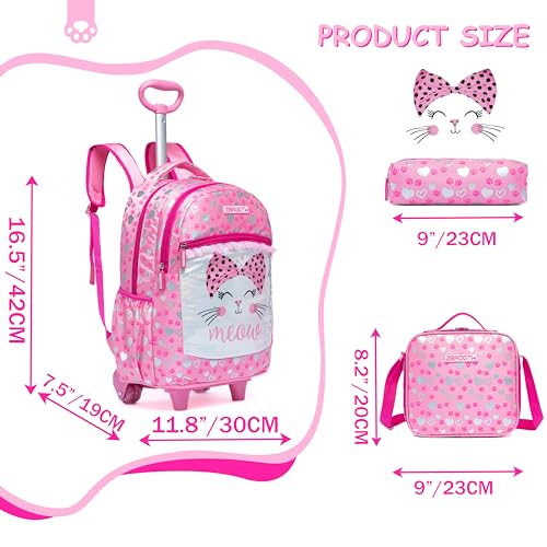 Rolling Backpack for Girls Rolling Backpack with Wheels Pink Backpacks for Girls Elementary Primary Students with Lunch Bag - color: Pink Cat
