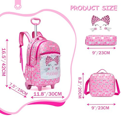 Rolling Backpack for Girls Rolling Backpack with Wheels Pink Backpacks for Girls Elementary Primary Students with Lunch Bag - color: Pink Cat