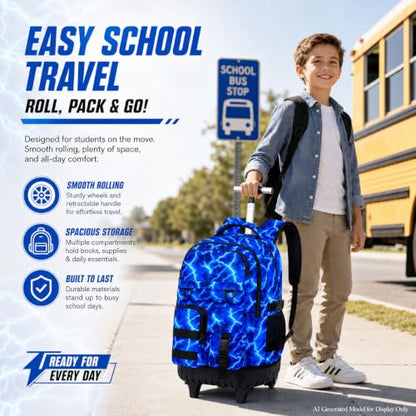 CCJPX Rolling Backpack for Boys, 3Pcs Roller Wheeled School Bookbag, Lightning Wheels Backpacks with Lunch Box for Kids (Blue) - color: Lightning Blue