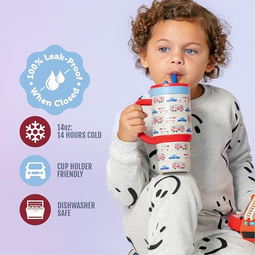 Ello Oasis 14oz Stainless Steel Toddler Tumbler with Handle & Retracting Straw, 100% Leakproof, Double-Wall Vacuum Insulated, Kids Water Bottle for School, BPA Free, Dishwasher Safe, To The Rescue - color: To The Rescue, size: 14 Ounces