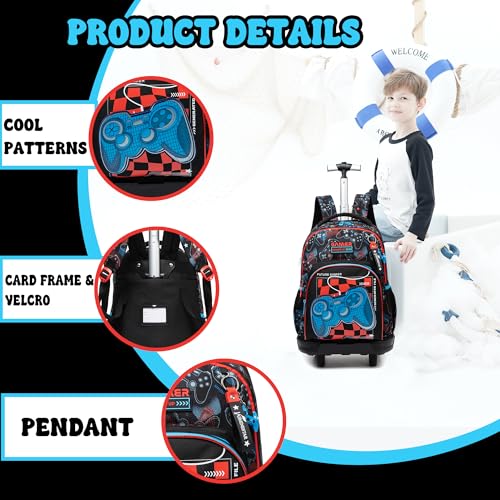 Rolling Backpack Boys Backpack with Wheels for Kids Roller Backpacks for Boys 8-12 School Backpacks for Elementary Bookbag with Lunch Box Back to School Supplies - color: Black Game
