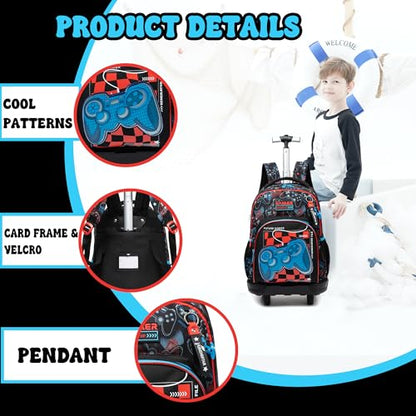 Rolling Backpack Boys Backpack with Wheels for Kids Roller Backpacks for Boys 8-12 School Backpacks for Elementary Bookbag with Lunch Box Back to School Supplies - color: Black Game