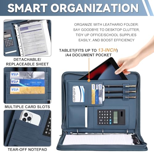 Leathario Portfolio Binder, Includes 5 Sheet Protectors and a Pen, 13 Inch Tablets Organizer, Vegan Leather A4 Padfolio, Multi-Pocket Notepad Business Planner Professional Document - color: Relief Blue