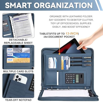 Leathario Portfolio Binder, Includes 5 Sheet Protectors and a Pen, 13 Inch Tablets Organizer, Vegan Leather A4 Padfolio, Multi-Pocket Notepad Business Planner Professional Document - color: Relief Blue