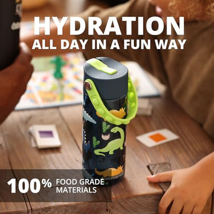 Elemental Water Bottles for Kids - Splash Kids Water Bottle for School with Pop-it Handle - BPA Free Tritan Plastic Water Bottle with Straw Leak Proof when Spout is Closed - Dinosaur- 18oz - color: Dinosaur (Navy Blue) 18oz
