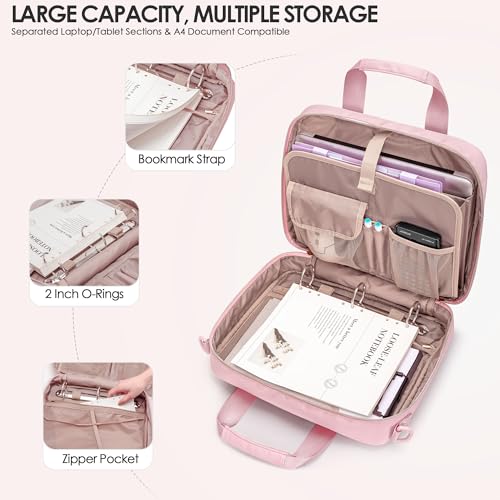 3 Ring Zipper Binder, 2 Inch Ring Binder Organizer Bag with Strap | Binder Bag Fits 13" Laptop & 500 Sheets, Detachable Shoulder Strap, Large Capacity Zip Up Portfolio Folder Bag for Office - color: Pink
