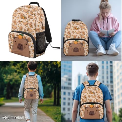 Capybara Orange 3pcs School Backpack Set With Lunch Box Pencil Case, 17 Inch Large Capacity Bookpacks 3 In 1 Set For Boys Girls - color: Capybara Orange