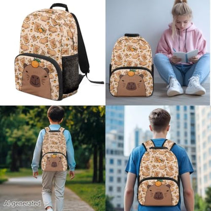 Capybara Orange 3pcs School Backpack Set With Lunch Box Pencil Case, 17 Inch Large Capacity Bookpacks 3 In 1 Set For Boys Girls - color: Capybara Orange