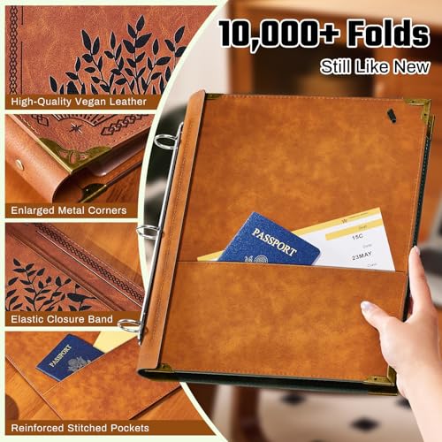 Ovesmusl 1 Inch 3 Ring Binder with Clipboard Leather Round Ring Binder with 5 Dividers, Plastic Folder, 400 Divider Stikers, Fits 175 Sheets 8.5"x11" Letter Size Paper, Tree of Life Brown - color: Brown Tree