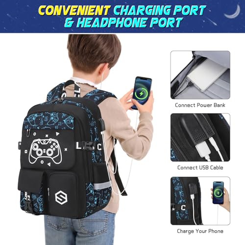 Scothen Boys Backpack, Cool Luminous School Backpacks for Boys with Lunch Bag Pencil Case, Kids Backpack Kindergarten Elementary Middle School Book Bags for Teen Boy Children with USB Charging Port - color: Blue Pattern