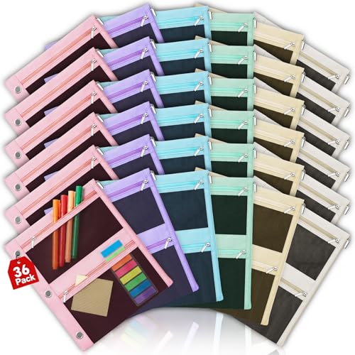 Lanpn 36 Pcs Pencil Pouch for 3 Ring Binder, 3 Pocket Zipper Binder Pouch Bulk, 9"x11" Binders Pencil Case, Pastel School Supplies for Girl Boy Student, Reinforced Grommets, Clear Window, Micro Mesh - color: 3 Pockets, size: 36 Pack
