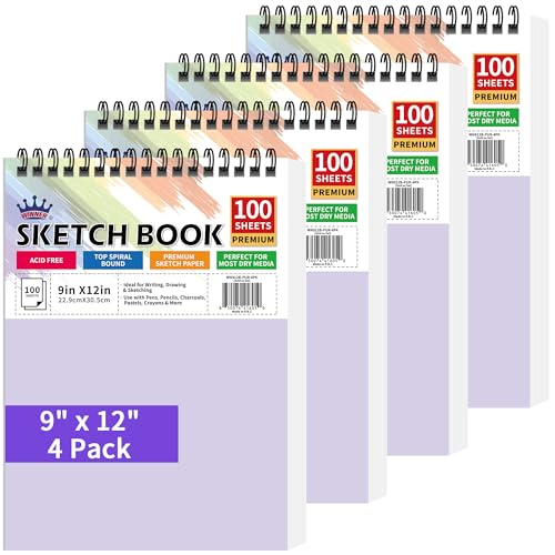 WINNER 9" x 12" Sketch Book 4 Pack, 400 Sheets Spiral Bound Art Sketchbook, 68lb/100gsm White Acid Free Drawing Pad, Sketching Drawing Writing Sketch Pad for Kids, Adults, Art Supplies for School - color: Purple, size: 9"x12"