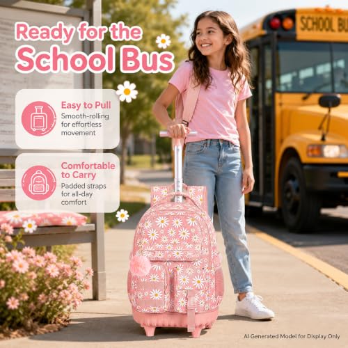 CCJPX 3Pcs Rolling Backpack for Girls, Roller Wheeled School Bookbag, Daisy Wheels Backpacks with Lunch Box for Kids (Pink) - color: Daisy Pink