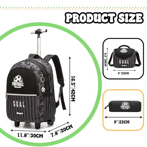 Kids Rolling Backpack for Boys 16.5" School Roller Backpack with Lunch Box, Toddler Backpacks with Wheels Rollig Wheeled Backpacks for Elementary School - color: Black Football