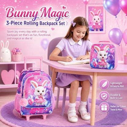 3Pcs Rolling Backpack for Girls, Kids Roller School Backpack with Wheels, Bunny Wheeled Bookbag for Elementary Preschool Kindergarten(Pink) - color: Pink Rabbit
