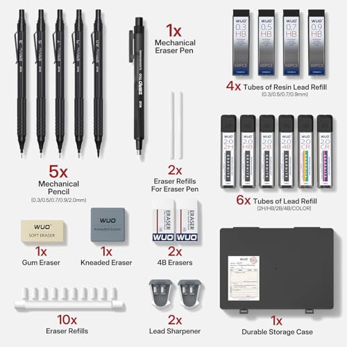 WUO Metal Mechanical Pencil Set, 5-Pack 0.3mm 0.5mm 0.7mm 0.9mm 2.0mm Drafting Pencils with 312 Lead Refills, Precision Eraser Pen, Erasers & Sharpeners for Drawing, Sketching, Writing - color: Black, size: 0.3/0.5/0.7/0.9/2.0