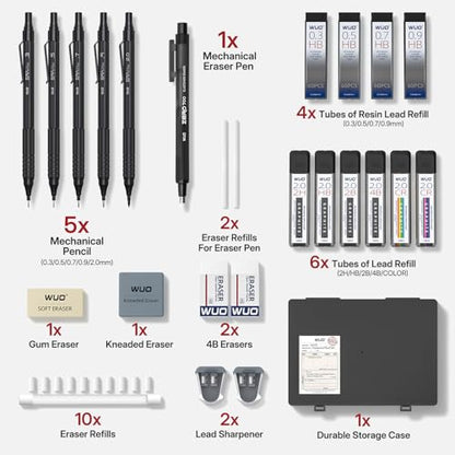 WUO Metal Mechanical Pencil Set, 5-Pack 0.3mm 0.5mm 0.7mm 0.9mm 2.0mm Drafting Pencils with 312 Lead Refills, Precision Eraser Pen, Erasers & Sharpeners for Drawing, Sketching, Writing - color: Black, size: 0.3/0.5/0.7/0.9/2.0