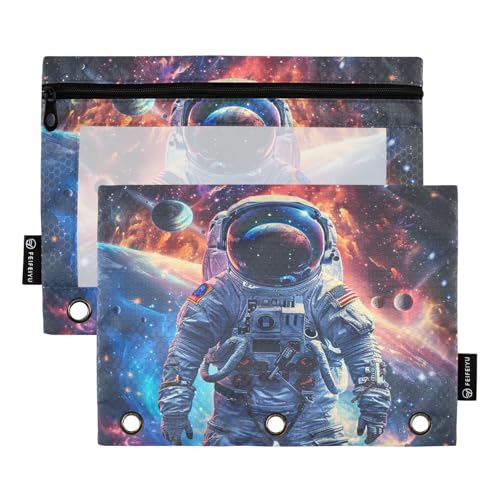 Pencil Pouch for 3 Ring Binder, Astronaut Planets Galaxy Space Large Pencil Case Clear Window Pen Bag, Zipper Binder Pouch Accessories for Office School Supplies, 2 Pack - color: A001, size: 9.84 x 7.08 x 0.19 in
