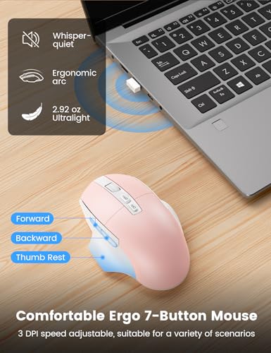 SABLUTE Wireless Keyboard and Mouse Combo with Ergonomic Wave Key | Leather Soft Palm Rest, 2.4G Full Size, 6-Button Mouse, 4-Level DPI, USB-A/C, MA12 Set for PC, Laptop, Windows, macOS (Pink） - color: Blush Pink