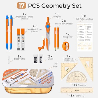 Nicpro 17 PCS Compass Geometry Set with Case + Nicpro 22 PCS Compass Geometry Tools with Case