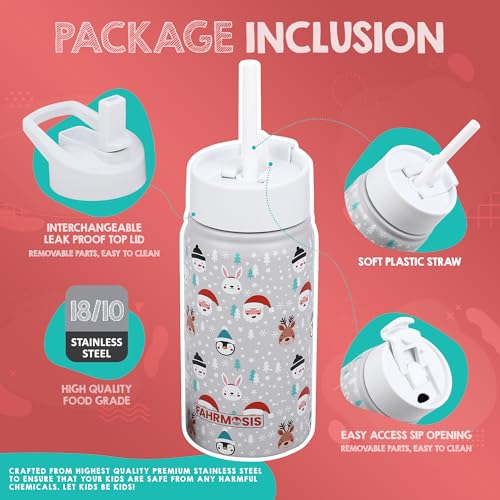 FAHRMOSIS 14 OZ Kids Water Bottle with Straw & 2 Lids (Flip & Spout) Leak Proof Metal Insulated Stainless Steel Reusable Tumbler for School & Sports Water Bottle - White (Winter) - color: White(Winter), style: Water Bottle - 14 OZ