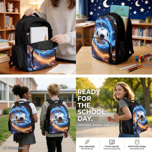 Cool Soccer Backpack for Boys 8-12 Kids Backpack with Lunch Box Water Bottle Holder with Strap and Zipper Pencil Case 4PCS Set Bookbag with Compartments for School 17 inch Elementary - color: Cool Soccer