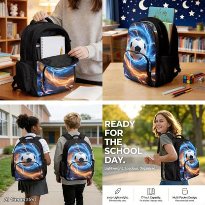 Cool Soccer Backpack for Boys 8-12 Kids Backpack with Lunch Box Water Bottle Holder with Strap and Zipper Pencil Case 4PCS Set Bookbag with Compartments for School 17 inch Elementary - color: Cool Soccer
