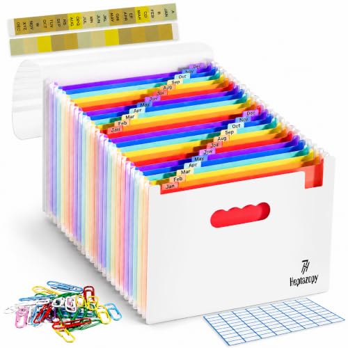 Plastic Accordion File Organizer, 26 Pockets Expandable File Folder Organizer, A4 Letter Size Filing Organizer with Colorful Tabs, Elastic Cord, 60 Paper Clip, Label & Stickers for Office School Home - color: White