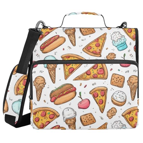 Fast Food Pizza 3 D-Ring 2 inch Zipper Binder Bag with Shoulder Strap, Multi-Pocket Portfolio Organizer Case for 13 Inch Laptop Middle School - color: Fast Food Pizza