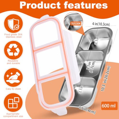 2 Pack 304 Stainless Steel Snack Containers | 3 Independent Sealed Compartments, Non-Toxic Leakproof Bento Box with Secure Lids. Snackle Box for Kids & Adults.