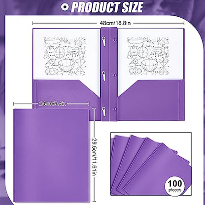 Lincia 100 Pcs Plastic Folders with Pockets and Prong Folders with Prongs 2 Pockets for Office, School for Students, Teachers, Office Workers(Purple) - color: Purple