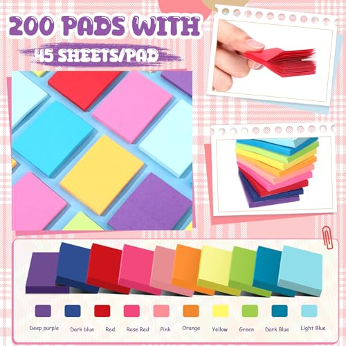 Zubebe 200 Pads 1.5 x 2 Inch Sticky Notes Bulk, Bright Colors Notepads Self Stick Note Square Memo Sticky for Office Back to School, 45 Sheets/pad - size: 1.5 × 2 Inch