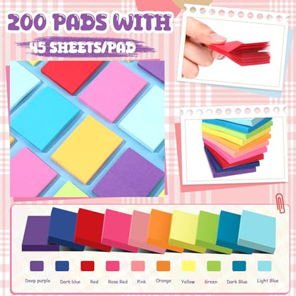 Zubebe 200 Pads 1.5 x 2 Inch Sticky Notes Bulk, Bright Colors Notepads Self Stick Note Square Memo Sticky for Office Back to School, 45 Sheets/pad - size: 1.5 × 2 Inch