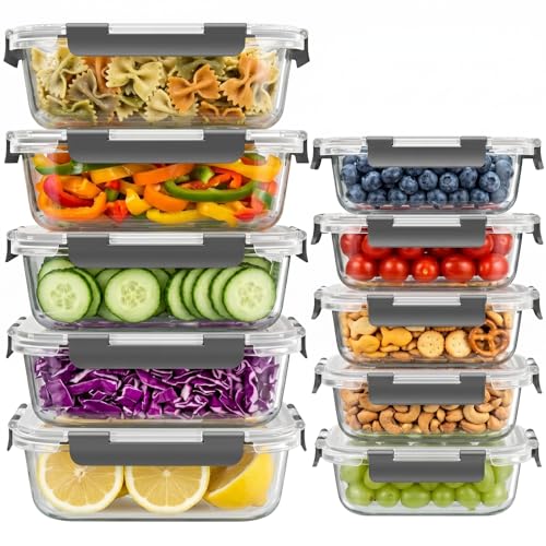 Dealusy 10 Sets (20-Piece) 36 oz & 12 oz Glass Food Storage Containers with lids, Airtight Leak-proof Glass Meal Prep Containers with Lids, Microwave Oven Freezer Dishwasher Safe, Gray - color: Gray