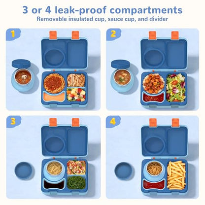 Bento Box for Kids, Leakproof Kids Bento Lunch Box Container with 8oz Insulated Thermo Food Jar, Sauce Jar, Utensil, DIY Stickers for School Boys Girls, 3-4 Compartments, BPA-Free - color: Blue Orange