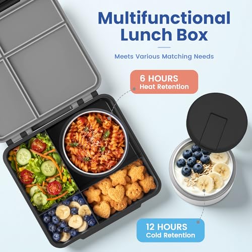 LOHASOK Bento Lunch Box Kids with 8oz Soup Thermo, Leak-Proof Lunch Containers with 4 Compartment, Thermo Hot Food Jar and Insulated Lunch Box for School Black - color: Black