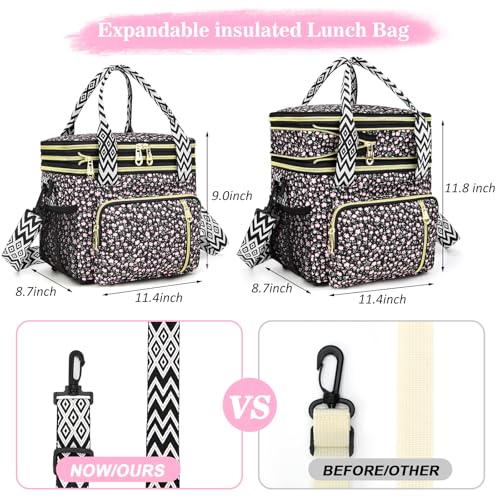 LOKASS Lunch Box for Women-16L-Insulated Lunch Bag Women, Expandable Double-layer Leakproof Cooler Bag with Upgrade Adjustable Shoulder Strap Ideal for Work/Travel/Picnics（Black Flower） - color: Black Flower