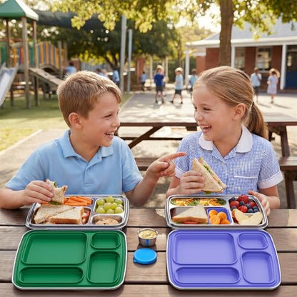 Stainless Steel Bento Box for Kids, Kids Lunch Box with 4-Compartment, Metal Lunch Box with Silicone Container & Sauce Cup, Durable Lunch Box Containers for School and Office(Green) - color: Green
