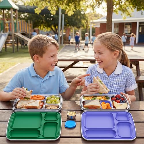 Stainless Steel Bento Box for Kids, Kids Lunch Box with 4-Compartment, Metal Lunch Box with Silicone Container & Sauce Cup, Durable Lunch Box Containers for School and Office(Purple) - color: Purple