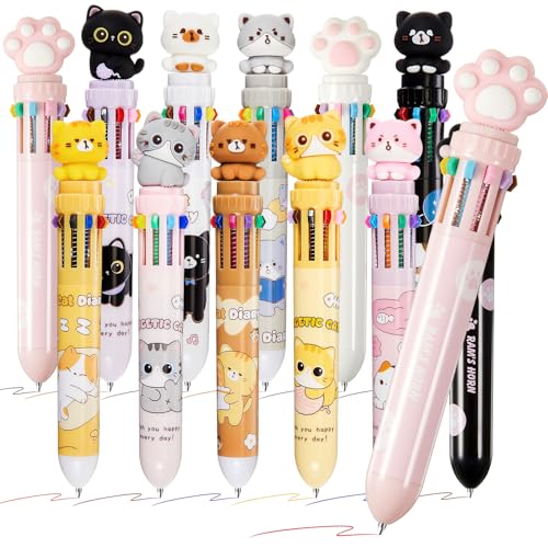 Kosiz 12 Pack 10-in-1 Multicolor Pens, Multi Colored Kawaii Cute Animal Rainbow Pens Bulk 0.5mm, Back to School Party Favors Classroom Rewards Gifts, Aesthetic Journaling Accessories(Cat) - style: Cat